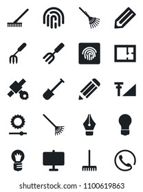Set of vector isolated black icon - bulb vector, pencil, garden fork, shovel, rake, satellite, brightness, fingerprint id, cellular signal, presentation board, ink pen, plan, phone