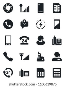 Set of vector isolated black icon - phone vector, office, 24 hours, support, mobile tracking, cell, radio, back, call, camera, sim, cellular signal, charge, combination lock