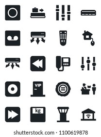 Set of vector isolated black icon - airport tower vector, baggage conveyor, passport control, stamp, scales, settings, remote, fast forward, rewind, rec button, record, air conditioner, vip zone