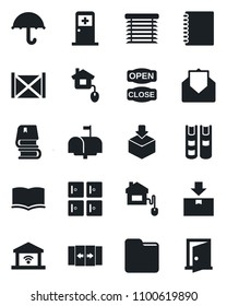 Set of vector isolated black icon - automatic door vector, medical room, checkroom, book, container, umbrella, package, mail, folder, copybook, mailbox, open close, home control, jalousie