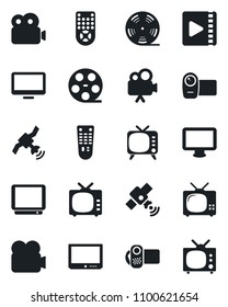 Set of vector isolated black icon - reel vector, satellite, tv, video camera, remote control, monitor