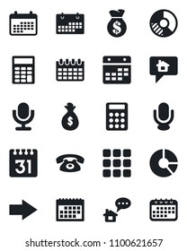 Set of vector isolated black icon - right arrow vector, calendar, circle chart, microphone, menu, calculator, phone, home message, money bag