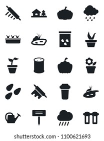 Set of vector isolated black icon - flower in pot vector, seedling, watering can, rain, plant label, pumpkin, seeds, oil barrel, house with tree, pond, rolling pin, water filter