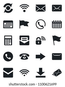 Set of vector isolated black icon - phone vector, right arrow, mail, calendar, download, update, calculator, wireless, lock, flag