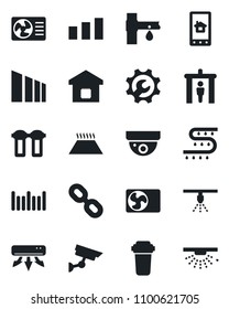 Set of vector isolated black icon - security gate vector, drip irrigation, sorting, barcode, chain, root setup, air conditioner, smart home, control app, water filter, warm floor, surveillance