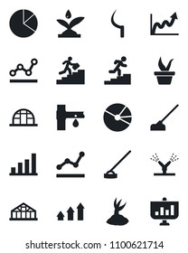 Set of vector isolated black icon - seedling vector, sproute, hoe, sickle, greenhouse, drip irrigation, bar graph, pie, point, career ladder, arrow up, growth, presentation