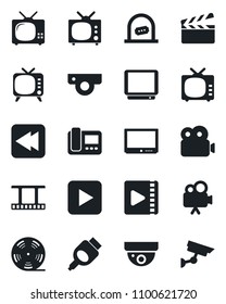 Set of vector isolated black icon - ticket office vector, clapboard, film frame, reel, tv, video camera, play button, rewind, hdmi, web, intercome, surveillance
