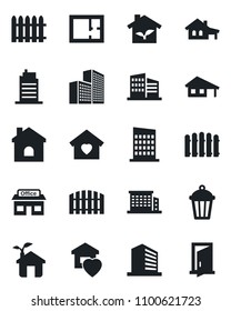 Set of vector isolated black icon - office building vector, fence, house, garden light, store, with garage, plan, sweet home, city, eco, door