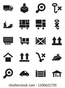 Set of vector isolated black icon - sea shipping vector, truck trailer, car delivery, container, consolidated cargo, warehouse storage, up side sign, no trolley, hook, package, search