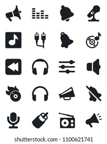 Set of vector isolated black icon - flame disk vector, microphone, radio, loudspeaker, equalizer, headphones, rewind, rca, tuning, bell, mute, music, sound, advertising