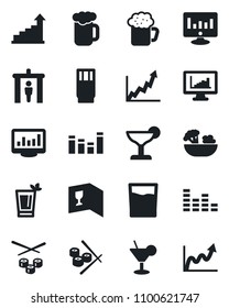 Set of vector isolated black icon - security gate vector, growth statistic, monitor, equalizer, statistics, wine card, drink, cocktail, phyto bar, beer, salad, sushi, graph