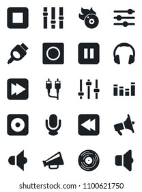Set of vector isolated black icon - vinyl vector, flame disk, speaker, loudspeaker, settings, equalizer, microphone, headphones, pause button, stop, fast forward, rewind, rec, rca, hdmi, tuning