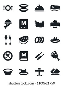 Set of vector isolated black icon - spoon and fork vector, dish, restaurant table, serviette, cafe, menu, plates, waiter, chicken, steak, kebab, ham, bowl