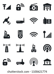 Set of vector isolated black icon - antenna vector, office phone, radio, satellite, remote control, wireless, cellular signal, lock, router, garage gate