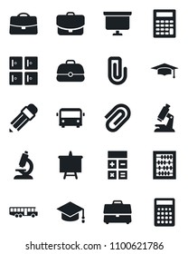 Set of vector isolated black icon - airport bus vector, checkroom, calculator, graduate, abacus, presentation board, microscope, case, paper clip, pencil