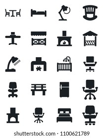 Set of vector isolated black icon - cafe vector, bed, office chair, bench, fireplace, desk lamp, bedroom, children room, restaurant table, alcove, fridge