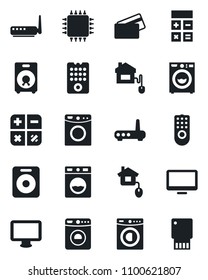 Set of vector isolated black icon - washer vector, calculator, monitor, speaker, credit card, home control, chip, remote, router, usb flash