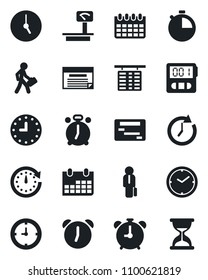 Set of vector isolated black icon - alarm clock vector, flight table, calendar, heavy scales, stopwatch, manager, schedule, sand