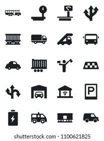 Set of vector isolated black icon - dispatcher vector, taxi, airport bus, parking, ladder car, ambulance, route, railroad, truck trailer, delivery, heavy scales, garage, gate control, battery