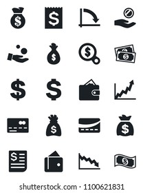Set of vector isolated black icon - credit card vector, dollar sign, money bag, crisis graph, cash, receipt, wallet, growth, search, investment