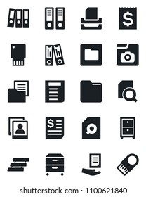 Set of vector isolated black icon - office binder vector, document, receipt, folder, photo gallery, search, paper, tray, archive box, usb flash