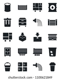 Set of vector isolated black icon - trash bin vector, checkroom, bucket, watering, railroad, truck trailer, cargo container, consolidated, package, oil barrel, archive box, water filter