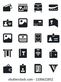 Set of vector isolated black icon - credit card vector, identity, medical calendar, gallery, sim, archive box, wine, pass, wallet, pennon