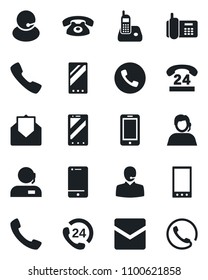 Set of vector isolated black icon - phone vector, mobile, office, 24 hours, support, cell, radio, mail, call
