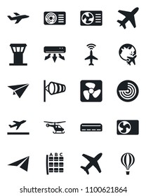 Set of vector isolated black icon - plane vector, airport tower, radar, departure, wind, helicopter, seat map, globe, air conditioner, fan, paper, balloon