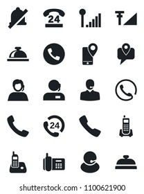 Set of vector isolated black icon - phone vector, reception bell, office, 24 hours, support, mobile tracking, radio, call, mute, cellular signal