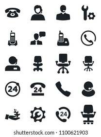 Set of vector isolated black icon - 24 around vector, office chair, phone, hours, support, speaker, radio, call, root setup, palm sproute