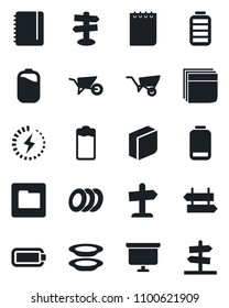 Set of vector isolated black icon - signpost vector, notepad, presentation board, wheelbarrow, battery, low, folder, charge, blank box, plates, guidepost