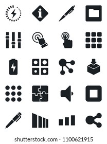 Set of vector isolated black icon - package vector, sorting, settings, touch screen, stop button, menu, folder, charge, application, pen, sound, information, social media
