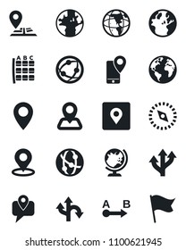 Set of vector isolated black icon - globe vector, seat map, route, navigation, earth, pin, mobile tracking, network, place tag, compass, flag