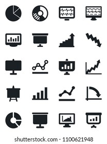 Set of vector isolated black icon - growth statistic vector, presentation board, crisis graph, circle chart, monitor pulse, statistics, bar, pie, point