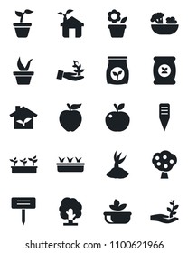 Set of vector isolated black icon - flower in pot vector, seedling, tree, sproute, plant label, fertilizer, fruit, salad, apple, eco house, palm