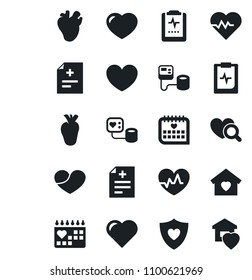 Set of vector isolated black icon - heart vector, pulse, diagnosis, blood pressure, diagnostic, shield, real, medical calendar, clipboard, sweet home