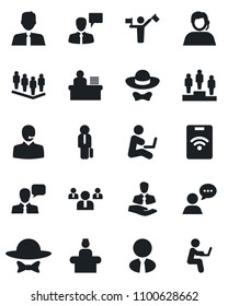 Set of vector isolated black icon - dispatcher vector, reception, speaking man, pedestal, team, support, client, speaker, manager desk, estate agent, dress code, pass card, with notebook