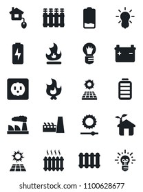 Set of vector isolated black icon - bulb vector, factory, fire, battery, low, brightness, charge, sun panel, heater, home control, eco house, socket, radiator, idea