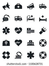 Set of vector isolated black icon - hose vector, heart pulse, doctor case, patch, ambulance star, car, hospital bed, loudspeaker, torch, crisis management
