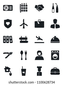 Set of vector isolated black icon - arrival vector, suitcase, spoon and fork, signpost, seat map, pruner, ampoule, heart shield, support, client, paper binder, air conditioner, cook, dish, phyto bar