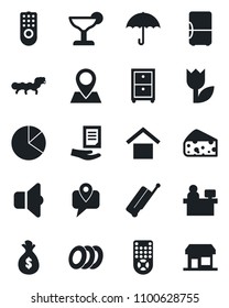 Set of vector isolated black icon - suitcase vector, document, manager place, caterpillar, pin, mobile tracking, umbrella, warehouse storage, tulip, remote control, pie graph, archive box, cocktail