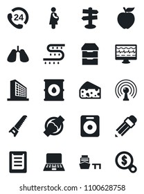 Set of vector isolated black icon - office building vector, notebook pc, saw, drip irrigation, monitor pulse, lungs, joint, pregnancy, signpost, 24 hours, sea port, clipboard, oil barrel, antenna