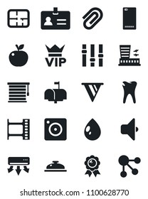 Set of vector isolated black icon - vip vector, identity, airport building, medal, water drop, caries, film frame, settings, phone back, mobile camera, paper clip, plan, mailbox, reception, sound