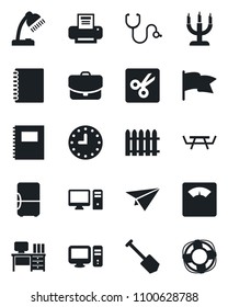 Set of vector isolated black icon - desk vector, job, fence, picnic table, stethoscope, scales, clock, cut, copybook, lamp, printer, candle, pc, fridge, flag, case, paper plane, crisis management
