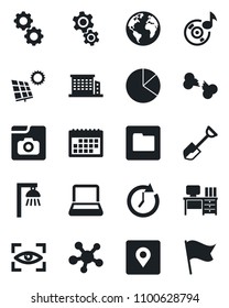 Set Of Vector Isolated Black Icon - Desk Vector, Shovel, Broken Bone, Earth, Share, Folder, Place Tag, Music, Photo Gallery, Calendar, Pie Graph, Notebook Pc, Sun Panel, Office Building, Gear, Clock