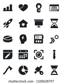 Set of vector isolated black icon - presentation board vector, brainstorm, bulb, circle chart, axe, pills, satellite, heart, stopwatch, calendar, notes, bar graph, tie, sweet home, eye scan, rocket