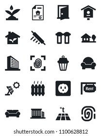 Set of vector isolated black icon - office building vector, bird house, with tree, estate document, rent, cushioned furniture, heater, rolling pin, eco, socket, fingerprint, irrigation, water filter