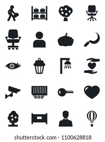 Set of vector isolated black icon - fence vector, luggage storage, office chair, sickle, pumpkin, heart hand, eye, truck trailer, user, manager, fruit tree, key, outdoor lamp, surveillance