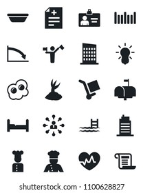 Set of vector isolated black icon - dispatcher vector, identity card, hierarchy, sproute, heart pulse, diagnosis, cargo, barcode, pool, bedroom, city house, mailbox, cook, bowl, omelette, bulb